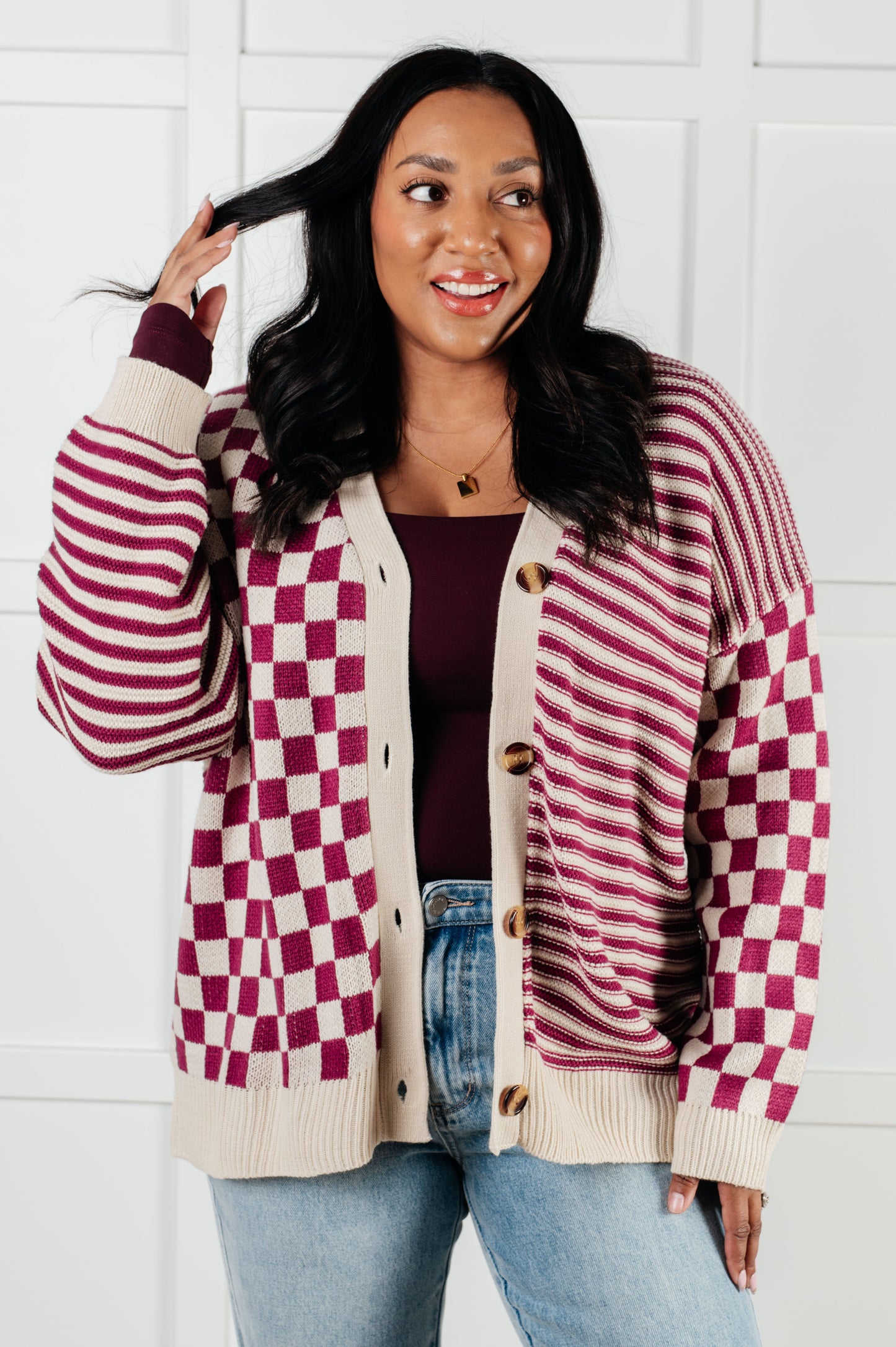 Easy Does It Button-Down Cardigan - Magenta/Oatmeal