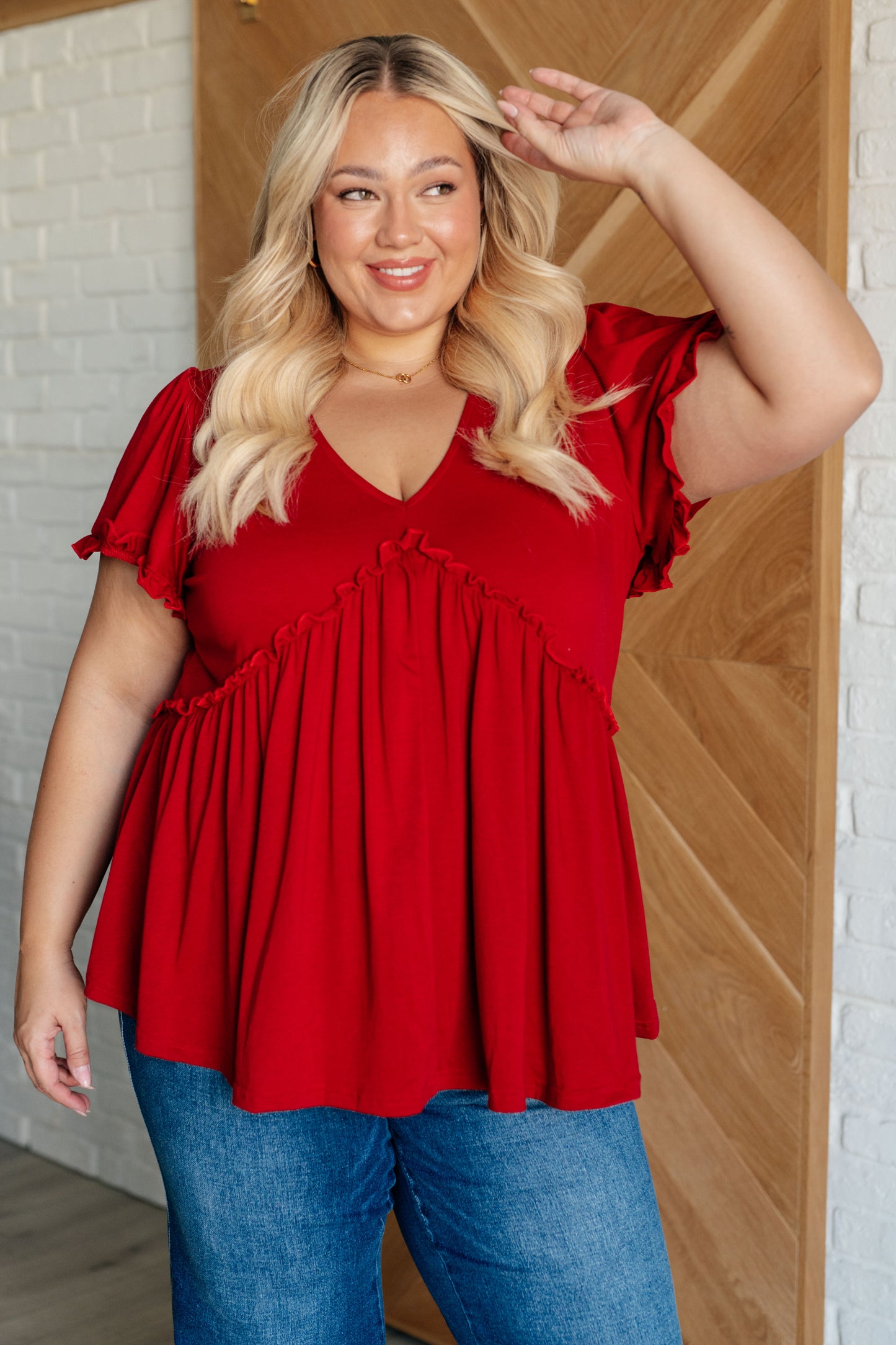 Promise Me V-Neck Ruffle Short Sleeve Top - Redtop