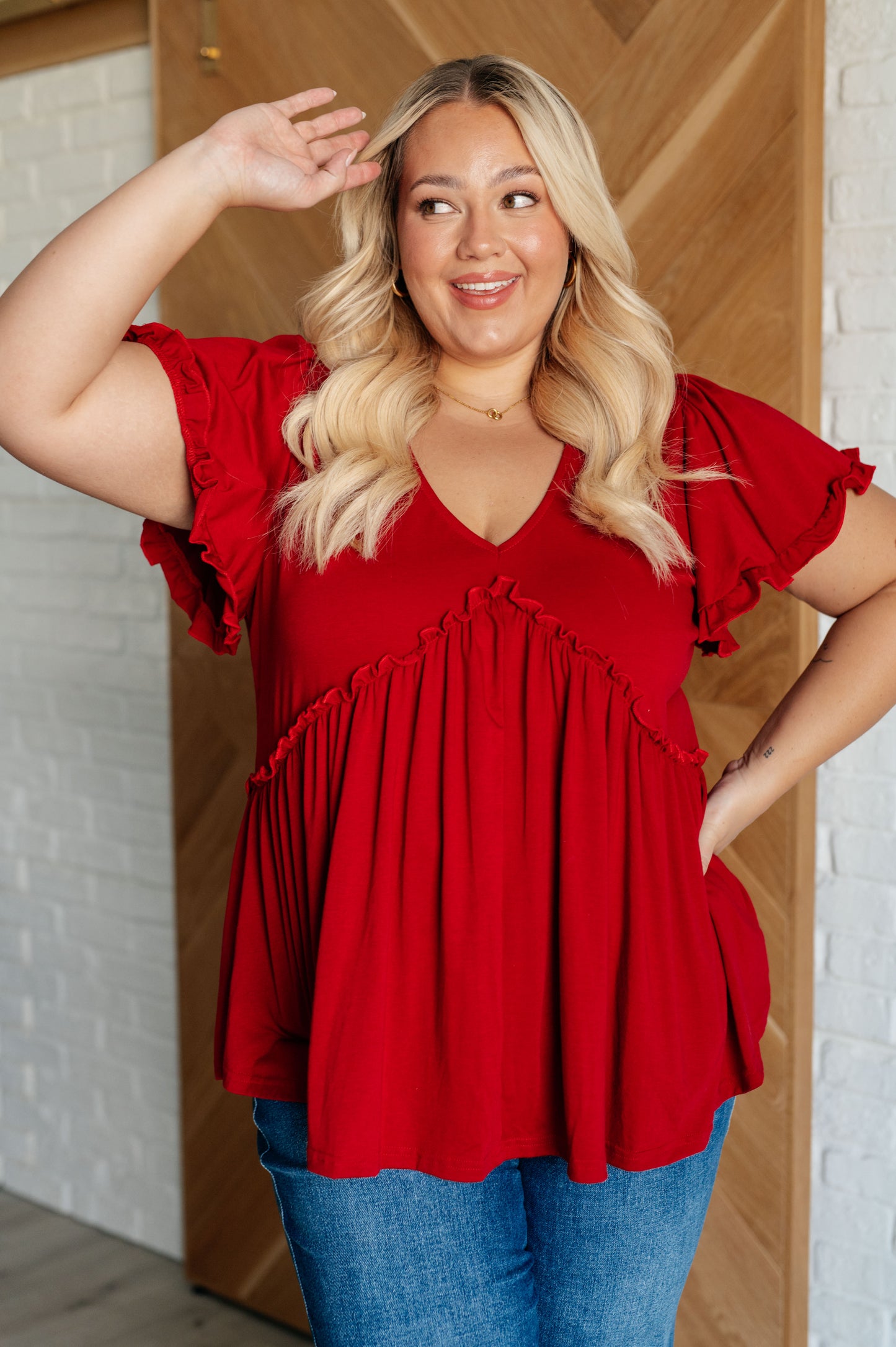 Promise Me V-Neck Ruffle Short Sleeve Top - Redtop