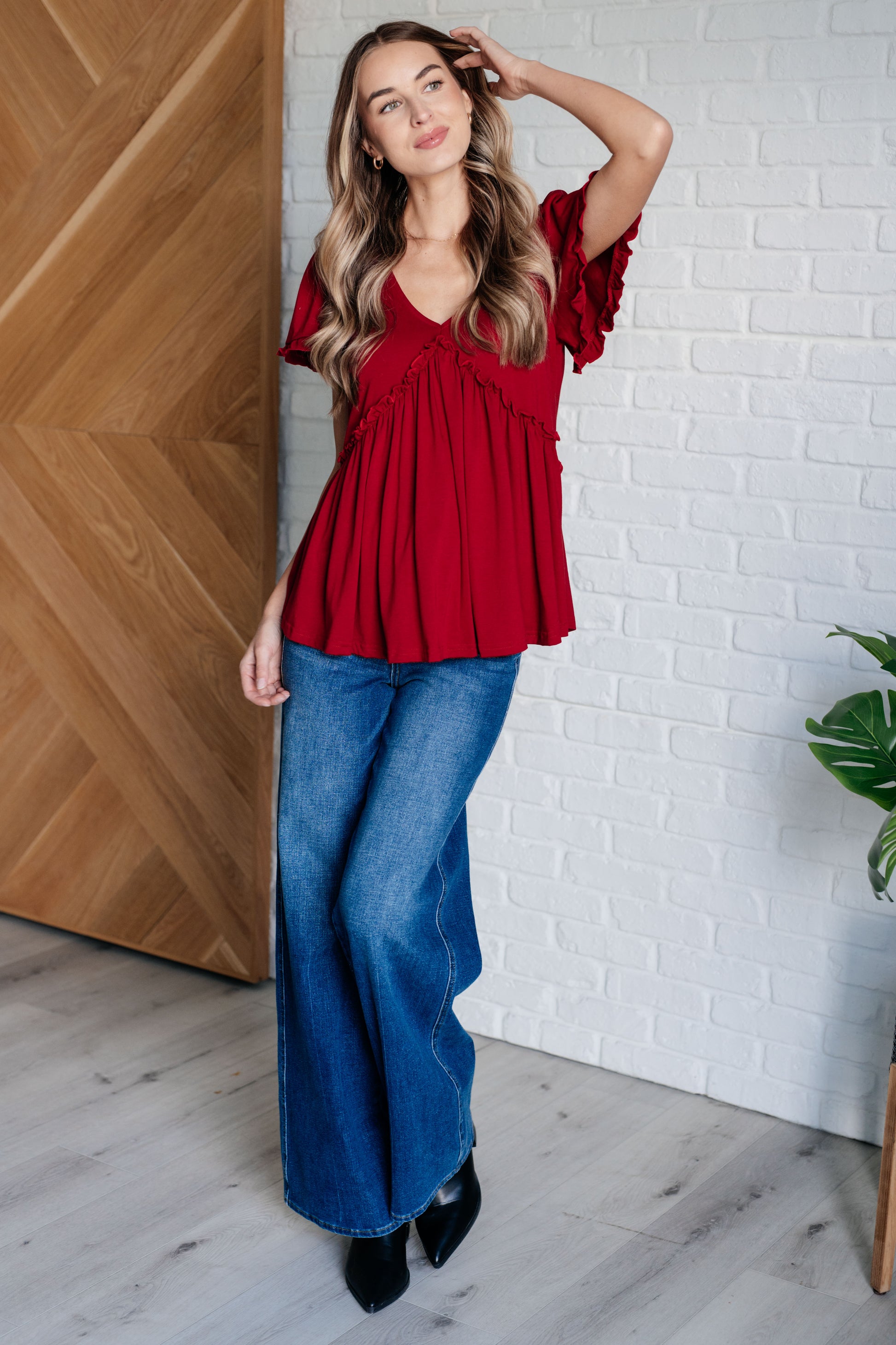 Promise Me V-Neck Ruffle Short Sleeve Top - Redtop