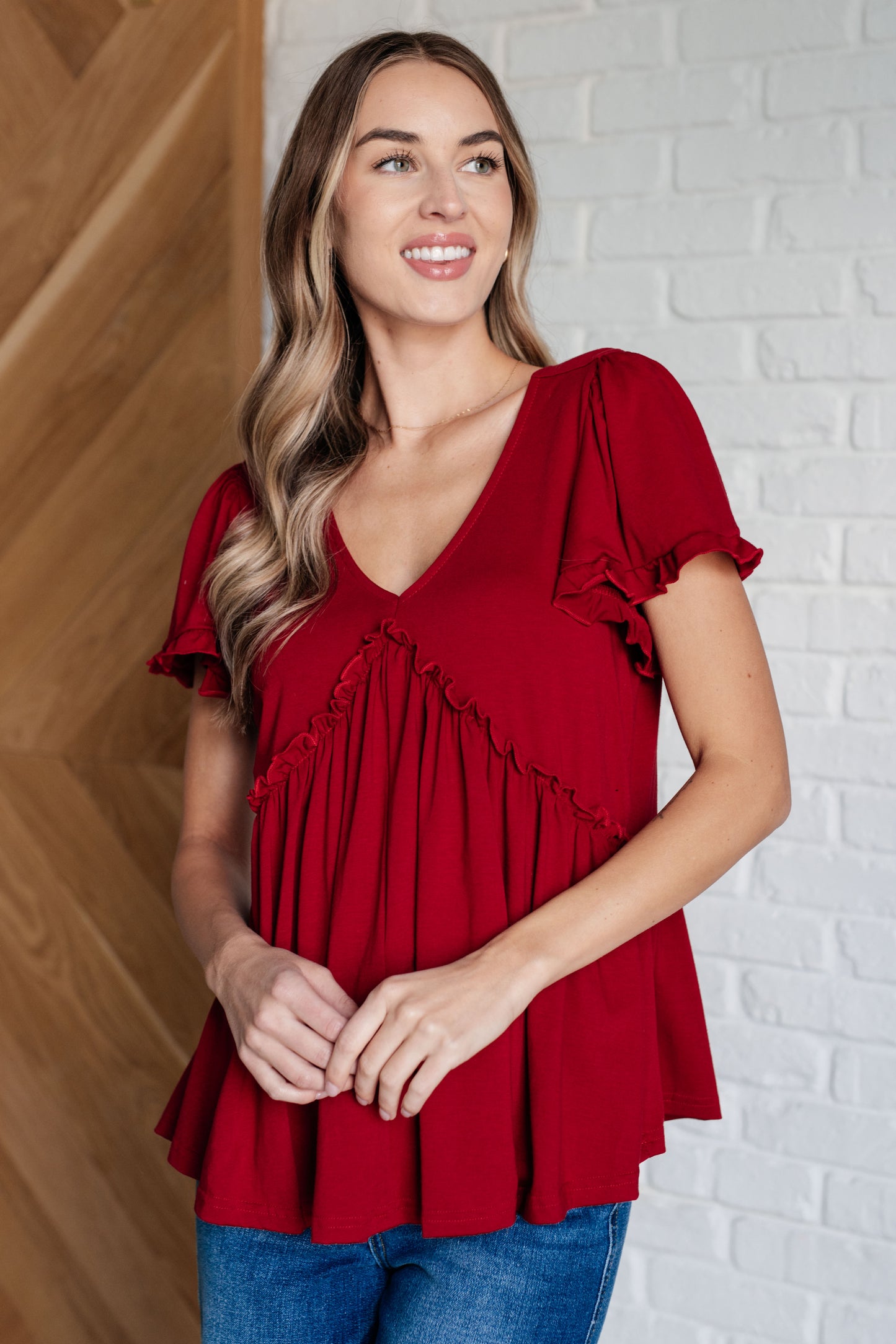 Promise Me V-Neck Ruffle Short Sleeve Top - Redtop