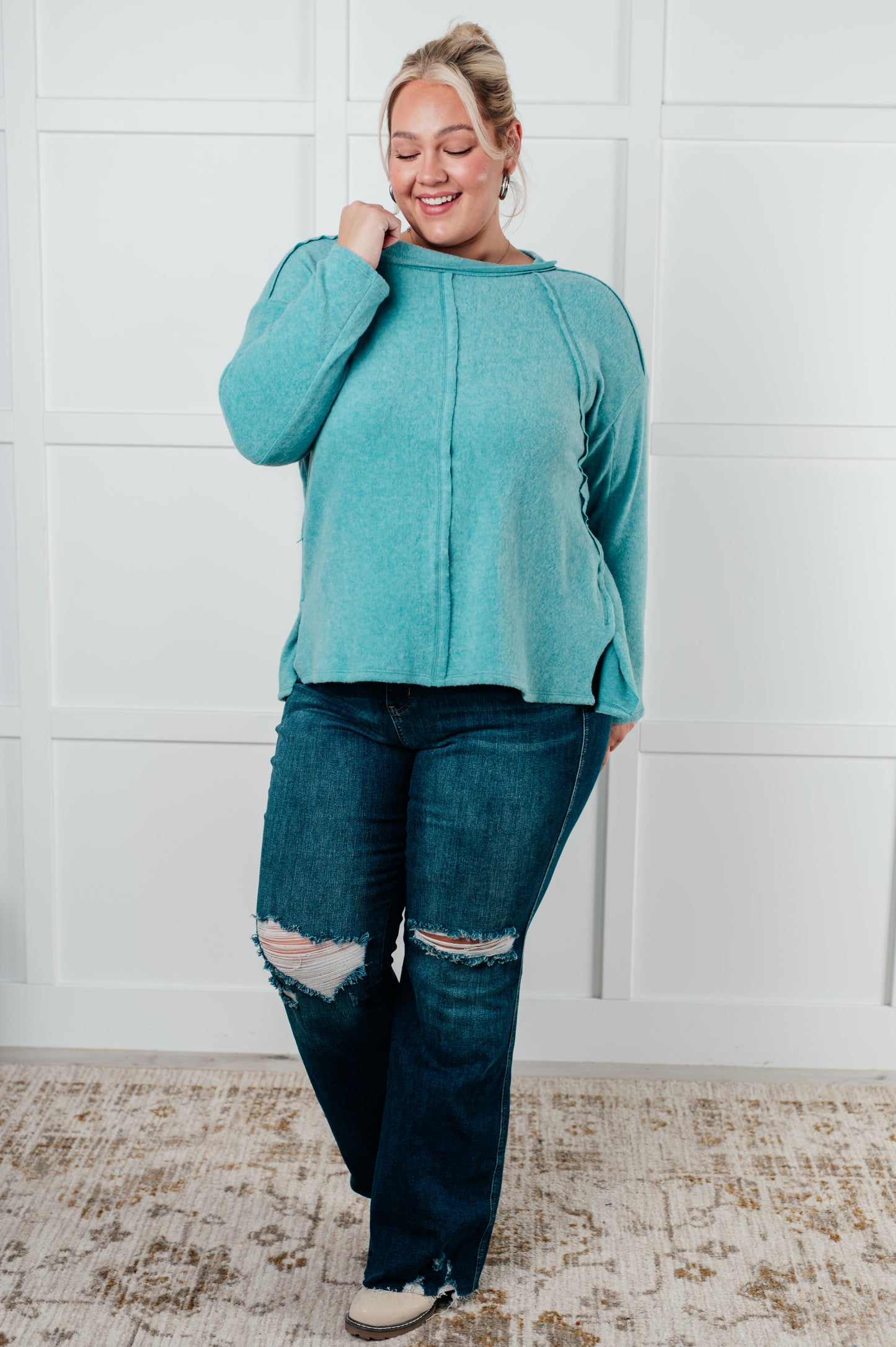 Effortless Chic Brushed Hacci Dusty Teal Sweater