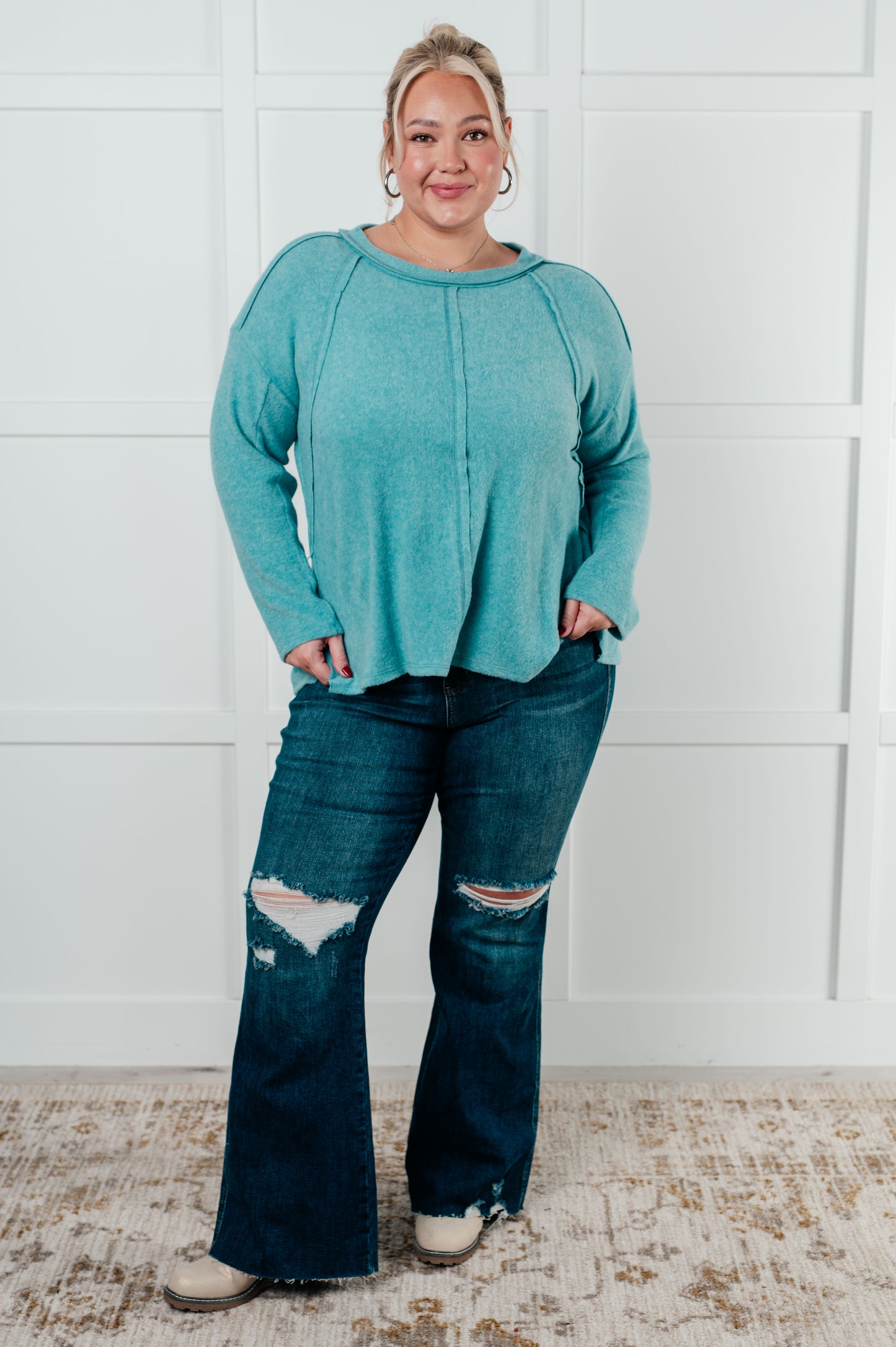 Effortless Chic Brushed Hacci Dusty Teal Sweater