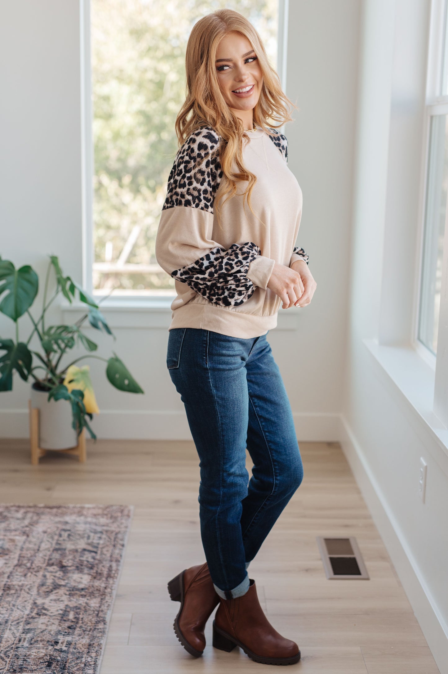 Savanna Style Animal Print Long Sleeve Top - Redtop