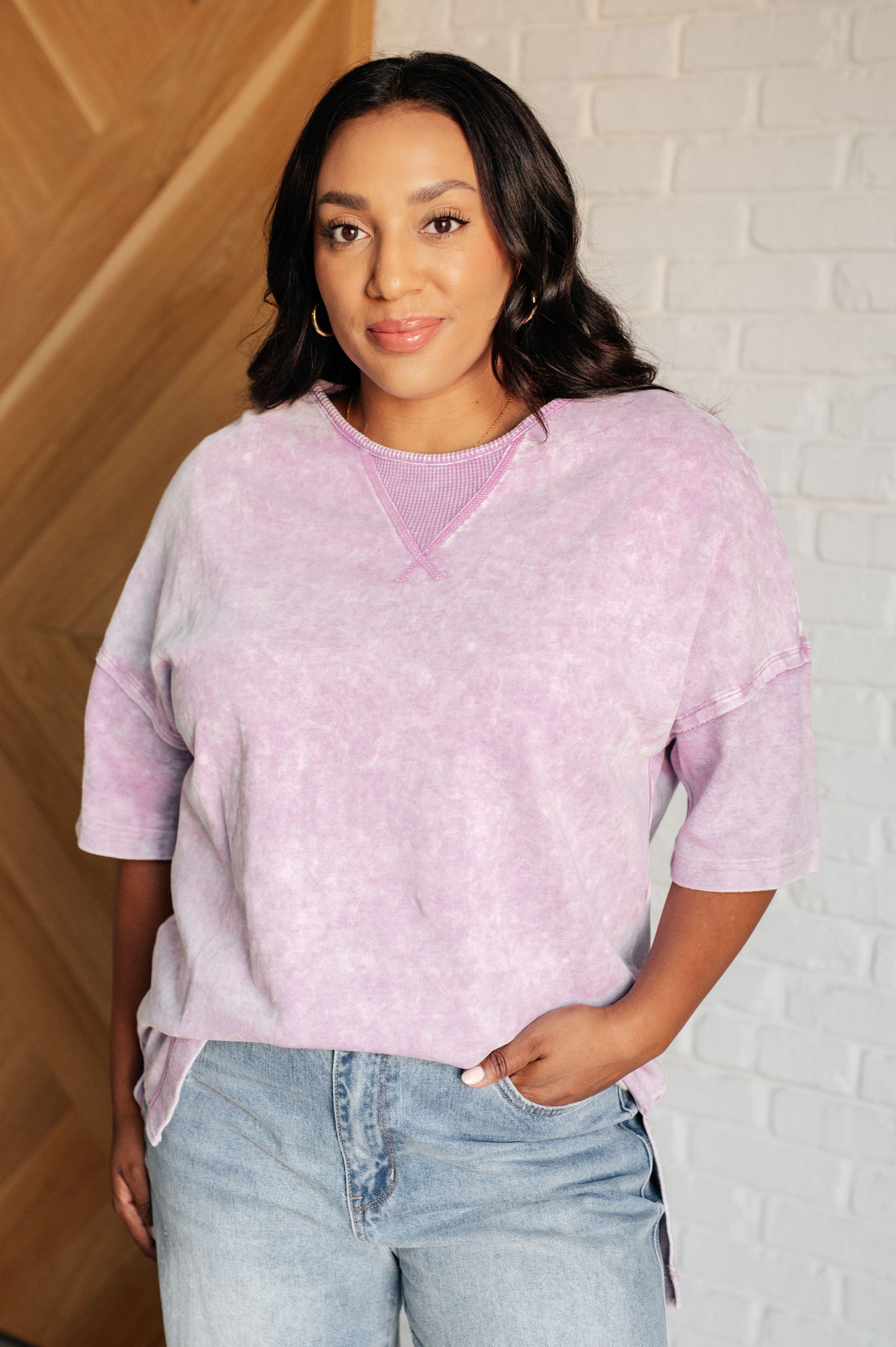 Calm Essence Mineral Wash Short Sleeve Top - Orchid Pink