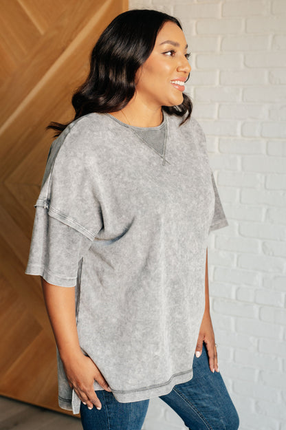 Calm Essence Mineral Wash Short Sleeve Top - Grey