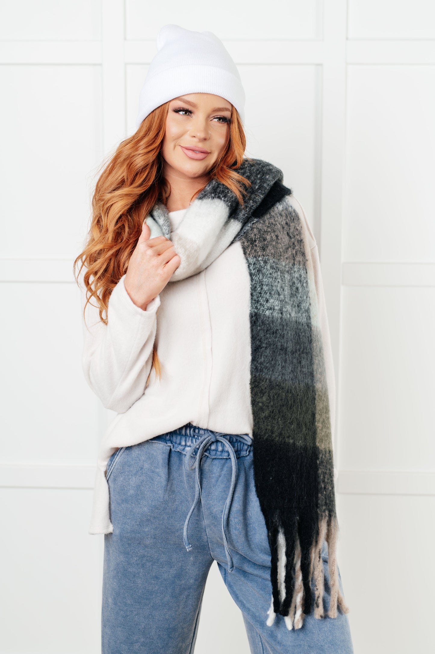 Cozy Wander Plaid Fringe Scarf in Grey and Jade