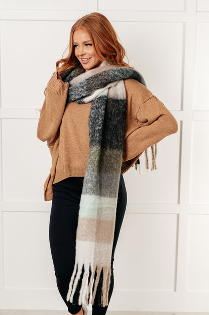 Cozy Wander Plaid Fringe Scarf in Grey and Jade