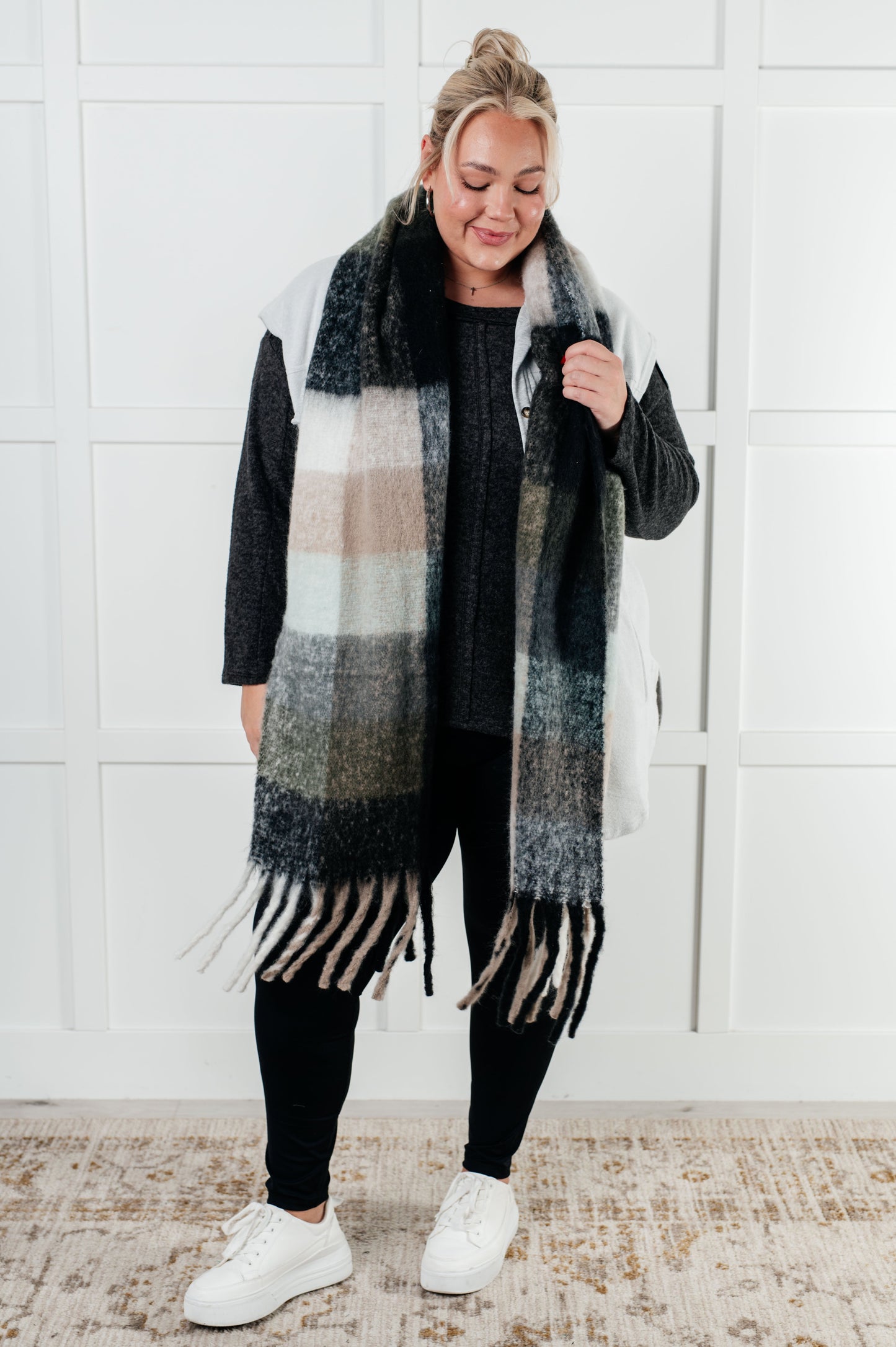 Cozy Wander Plaid Fringe Scarf in Grey and Jade