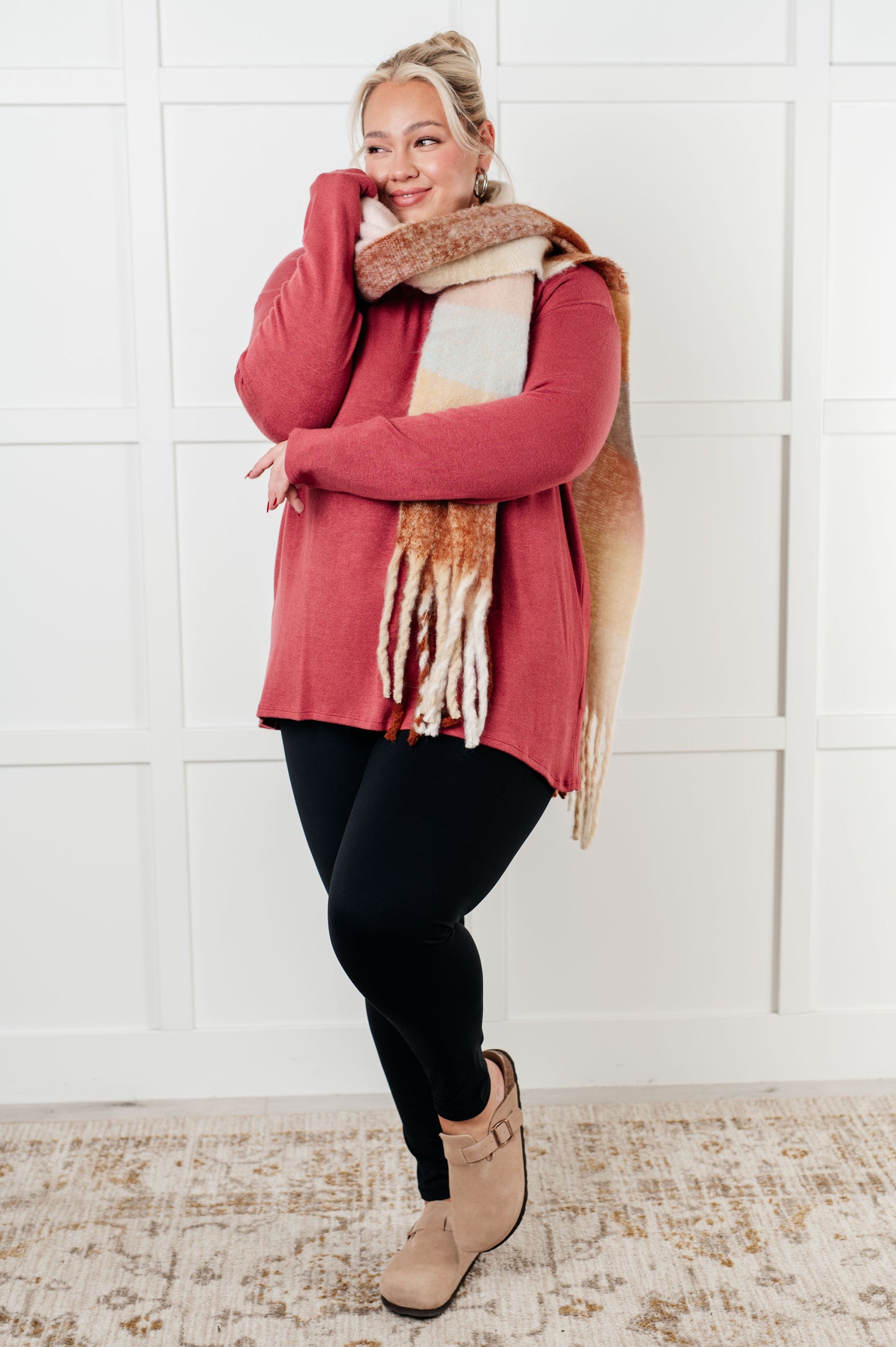 Cozy Wander Plaid Fringe Scarf in Light Brown