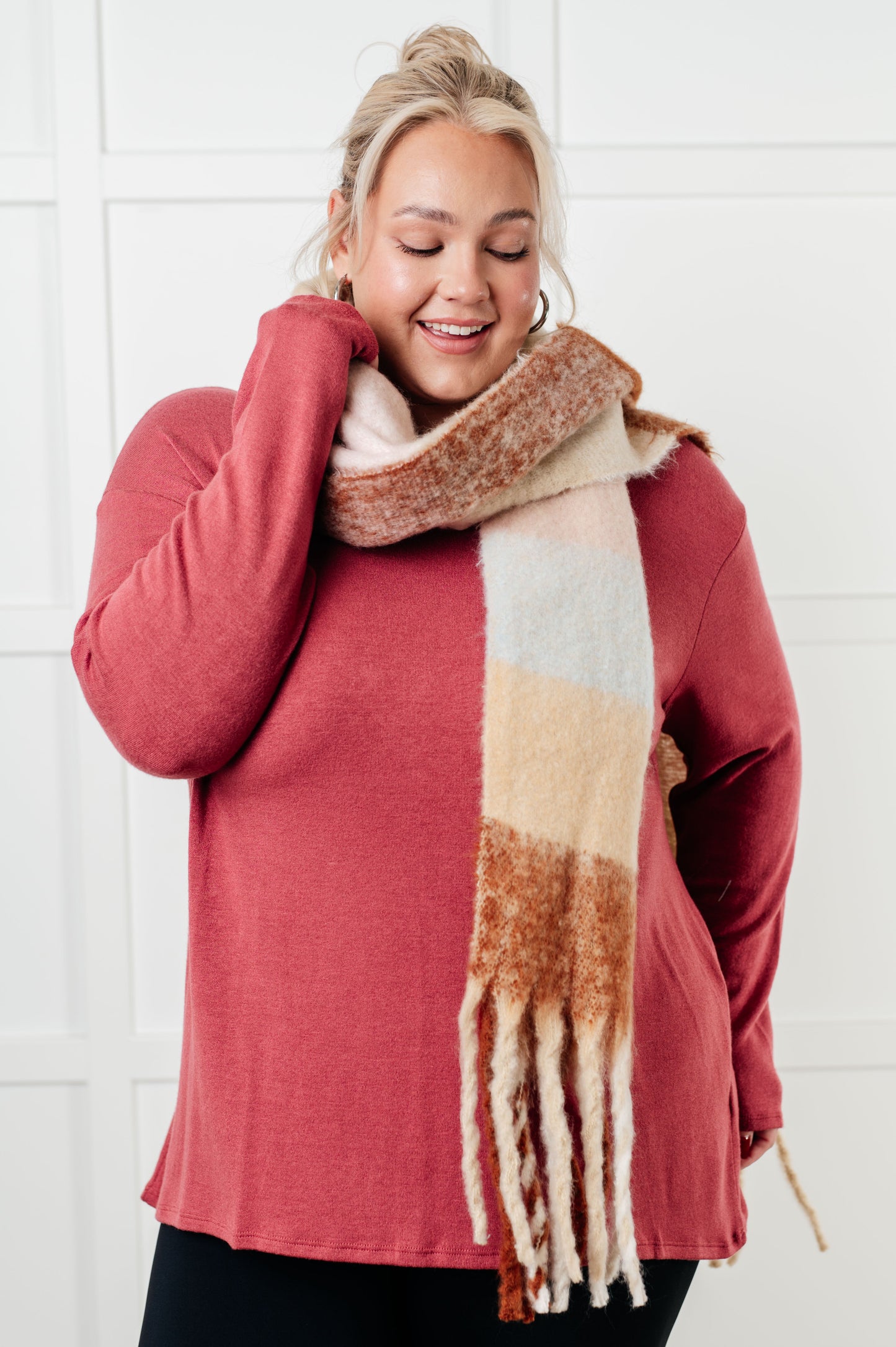 Cozy Wander Plaid Fringe Scarf in Light Brown