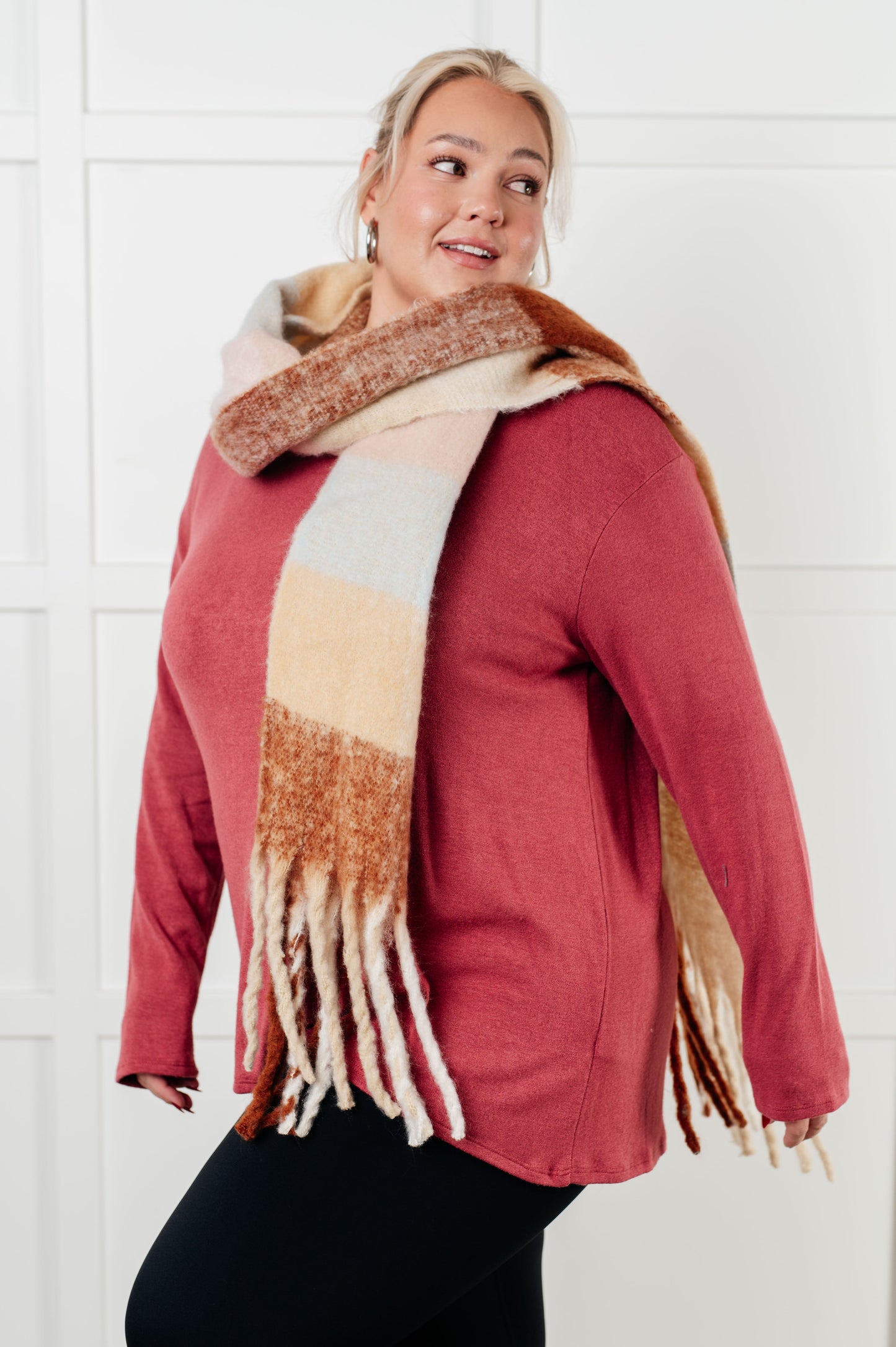 Cozy Wander Plaid Fringe Scarf in Light Brown