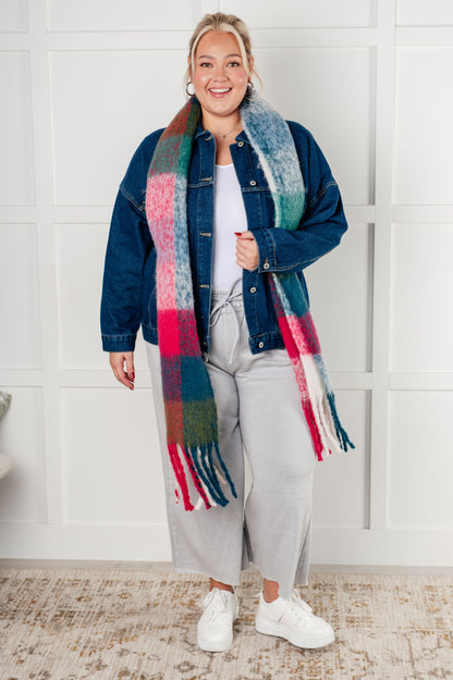 Cozy Wander Plaid Fringe Scarf in Magenta and Teal