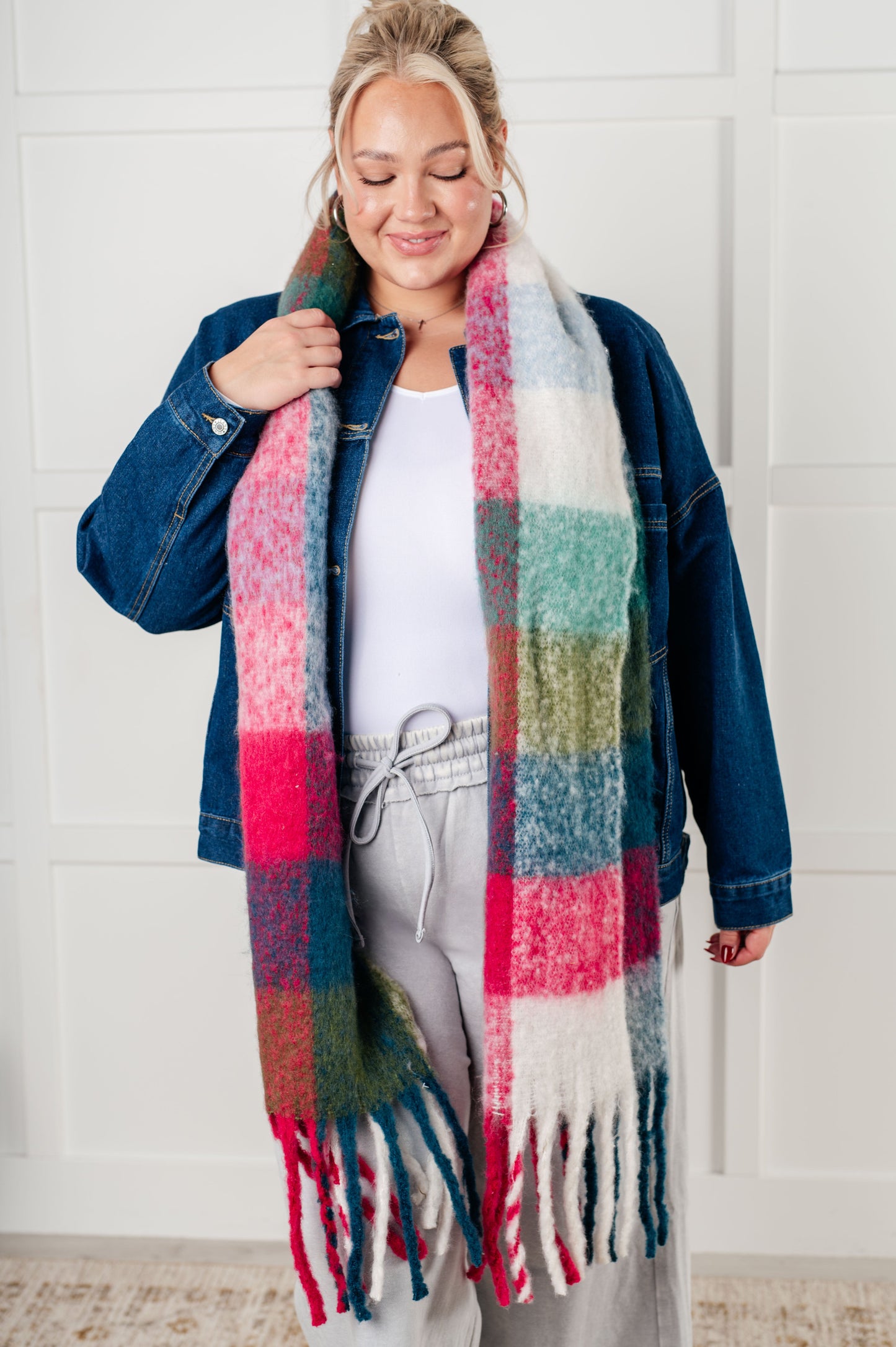 Cozy Wander Plaid Fringe Scarf in Magenta and Teal