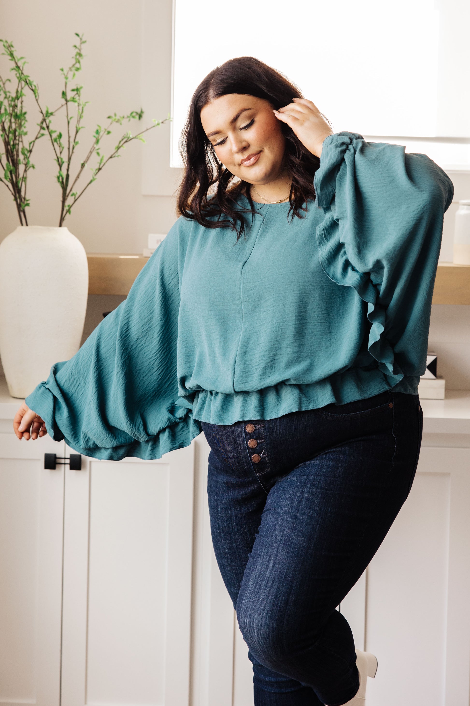 Effortless Grace Teal Ruffle Blouse - Redtop