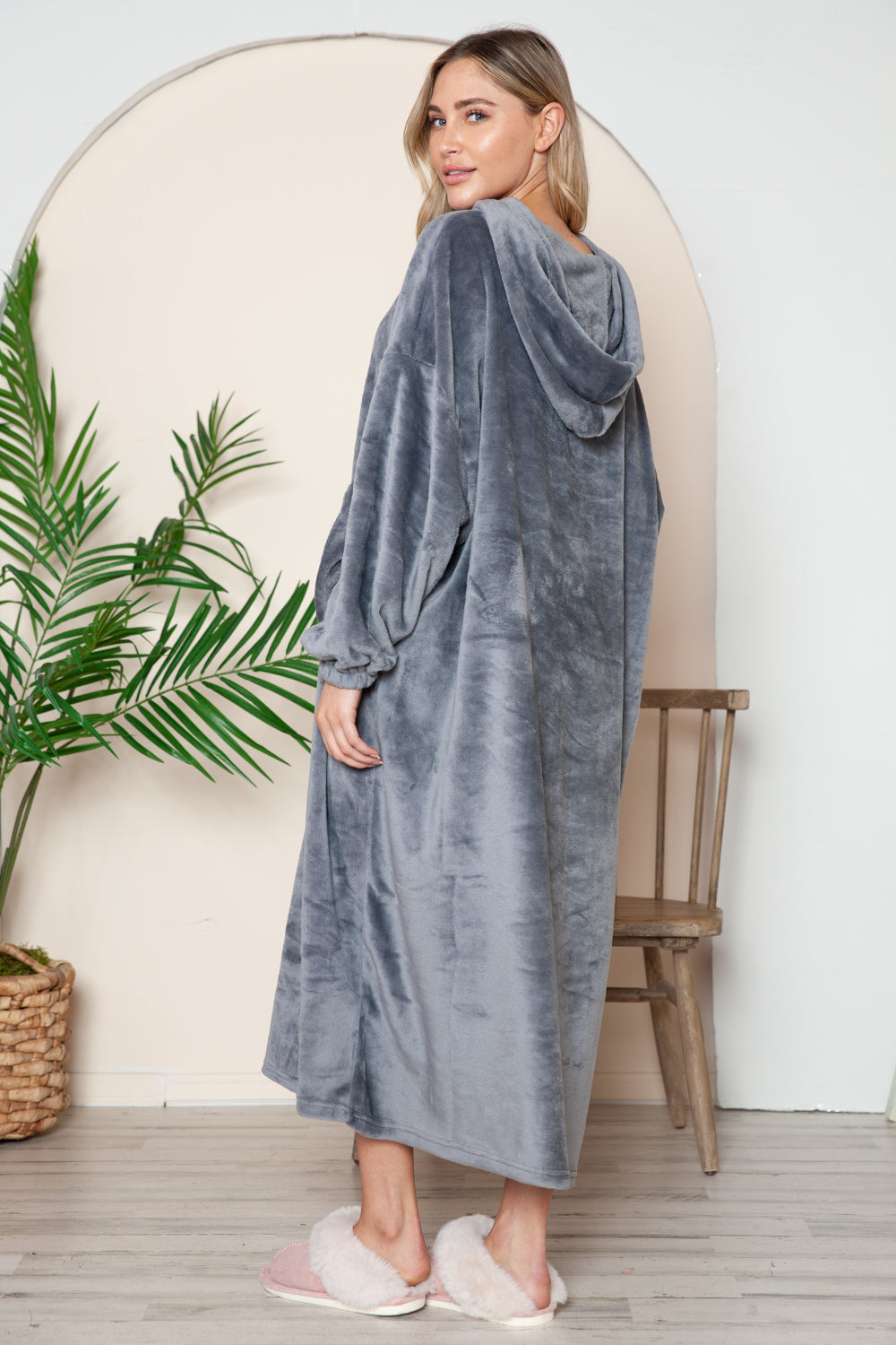 Cozy Hooded Midi Lounge Gown with Pockets