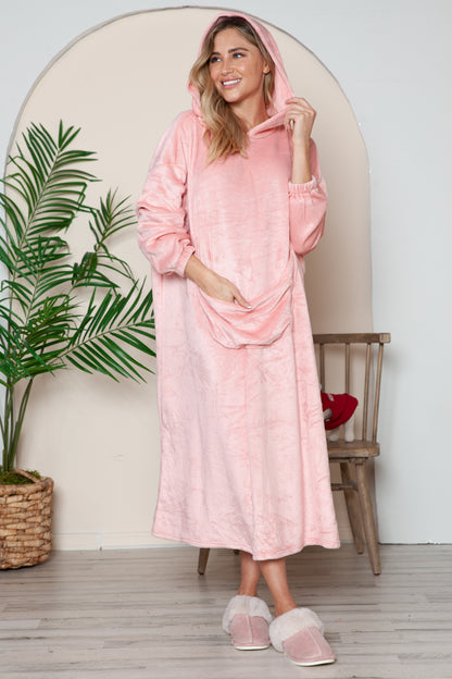 Cozy Hooded Midi Lounge Gown with Pockets