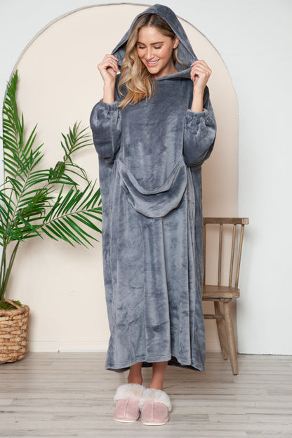 Cozy Hooded Midi Lounge Gown with Pockets