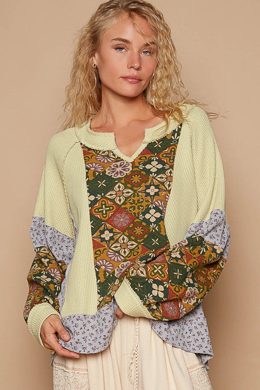 Notched Raglan Waffle Knit Long Sleeve Top