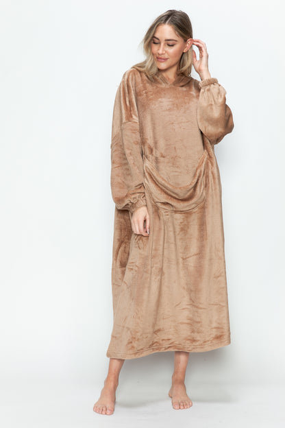 Cozy Hooded Midi Lounge Gown with Pockets