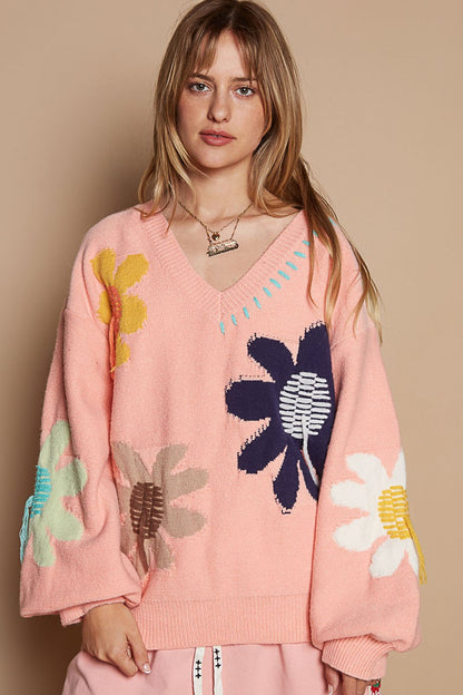 Blossom Fringe V-Neck Sweater - Pink